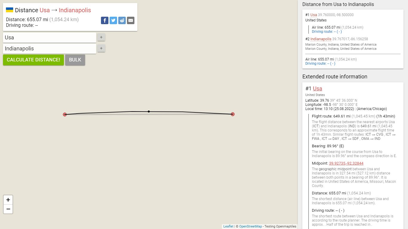 Distance Usa → Indianapolis - Air line, driving route, midpoint